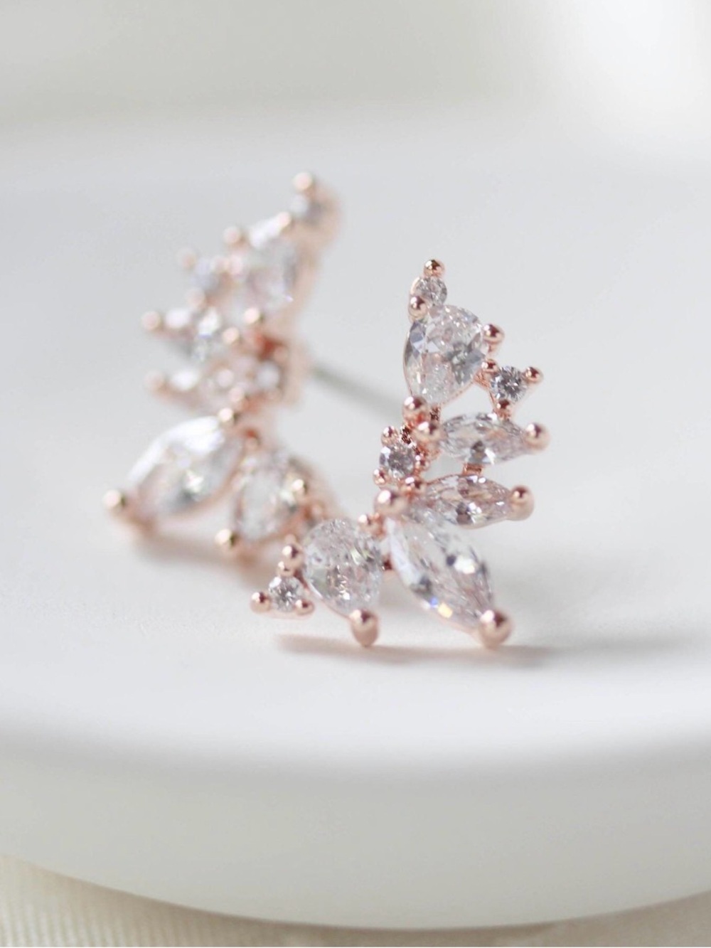 Rose Gold CZ Leaf Cluster Stud Earrings - Women Jewelry